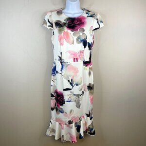 Betsey Johnson Floral Wiggle Dress 6 Wedding Guest Flounce Romantic Feminine
